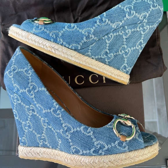Gucci Monogram Denim Wedges - Picture 2 of 8